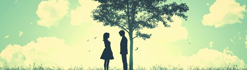 Couple under tree, idyllic landscape, contemplation, use for book cover or poster