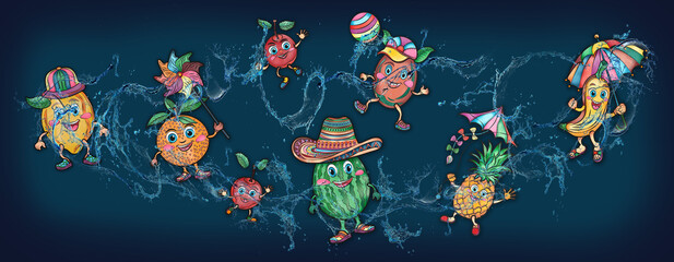 Cartoon cute fruits in water, banner, poster cherry, banana, pineapple, grapes, lemon