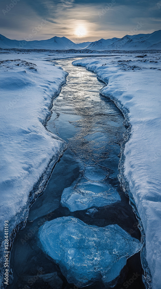 Poster a serene view of a frozen river flowing through a snow-covered landscape with ice formations and mou