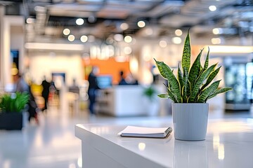 A small potted plant sits atop a wooden table, surrounded by empty space