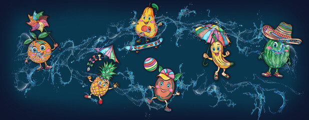 Cartoon cute fruits in water, banner, poster cherry, grape, apple, lemon, banana, orange