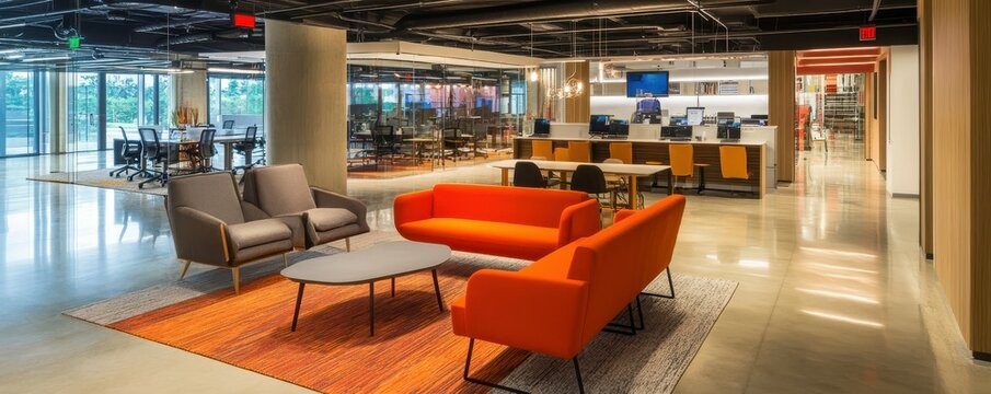 Modern office lounge with bright orange sofas and open workspace design