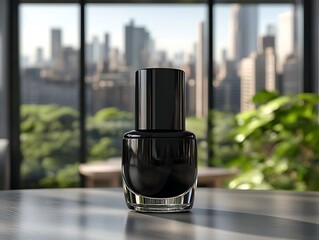 Shiny Black Nail Polish Bottle Placed Upon Wooden Table Surface