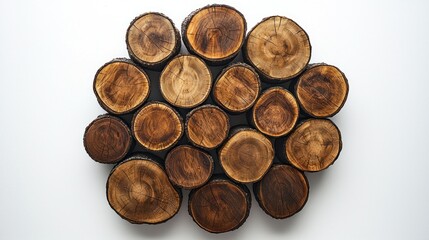 Circular wood slice arrangement on white background