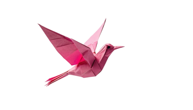 Flying pink origami bird On white background PNG
