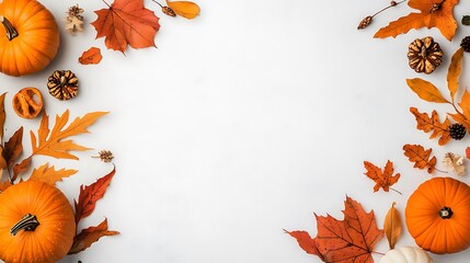 Autumn Harvest Still Life: Pumpkins and Fall Leaves on a Light Background AI Generated