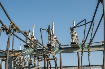 High voltage engineering devices for the electrical industry for the production of power transmission and distribution. Disconnecting switch and insulators