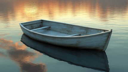 Obraz premium A weathered white rowboat floats serenely on calm water at sunset, its reflection mirroring the colorful sky.