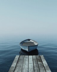 Small wooden rowboat on calm water, moored to a simple wooden dock on a misty morning.
