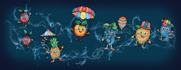Cartoon cute fruits in water, banner, poster cherry, grape, lemon, watermelon, orange