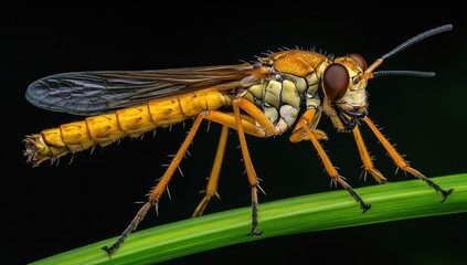 A vibrant yellow and black beetle with black legs and antennae is perched on a mossy log in a lush green jungle.
