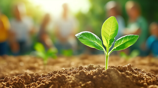 A young green plant breaks through the soil, surrounded by a group of people engaging in gardening activities during daylight. The vibrant leaves shine in the sunlight