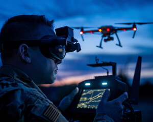 A close-up shot of a soldier wearing night vision goggles and controlling a drone with a handheld device, representing modern military technology and tactical operations