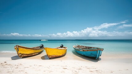 Naklejka premium Three colorful fishing boats on a pristine white sand beach under a vibrant blue sky. The turquoise water is calm and clear.