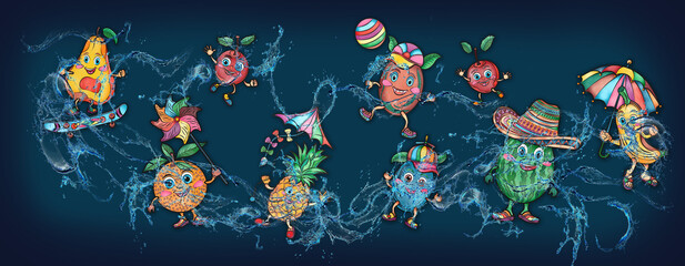 Cartoon cute fruits in water, banner, poster cherry, grape, watermelon, lemon, banana, orange