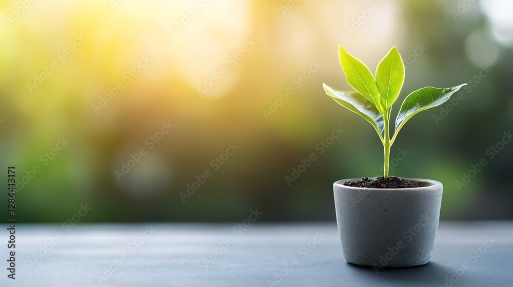 Poster green plant sprouting in a stylish pot capturing the essence of nature and growth in a bright enviro