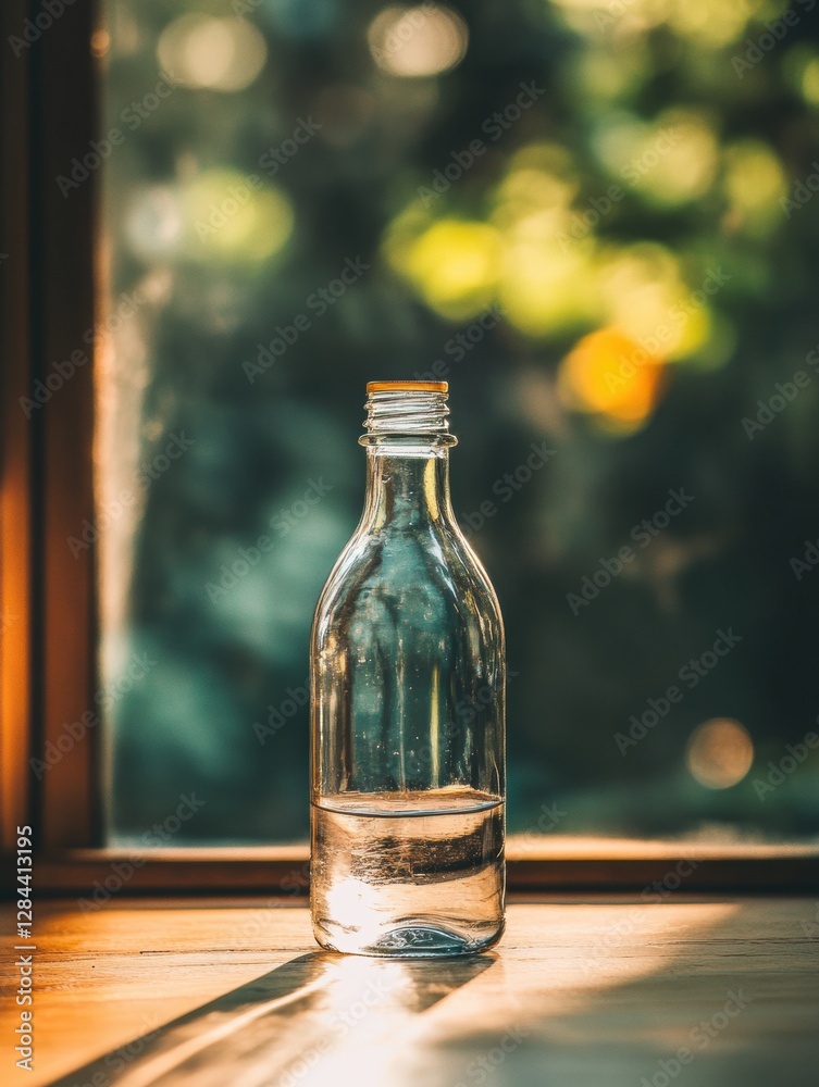 Aufkleber glass bottle filled with water illuminated by sunlight in a cozy indoor setting with blurred greener