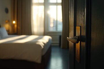 close up hotel room door with digital keycard lock, blurred background of modern bedroom interior, sunlight and warm color tone, hotel concept