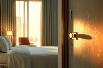 close up hotel room door with digital keycard lock, blurred background of modern bedroom interior, sunlight and warm color tone, hotel concept