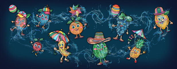 Cartoon cute fruits in water, banner, poster cherry, kiwi, grapes, lemon, banana