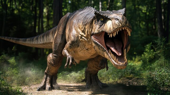 Ferocious t. rex roaring in lush forest environment
