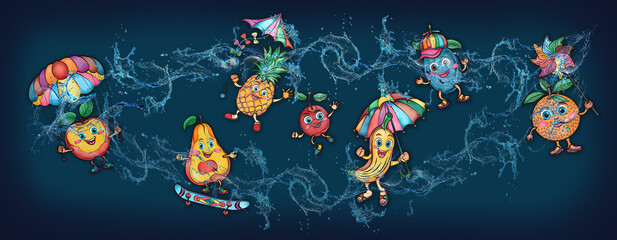 Cartoon cute fruits in water, banner, poster cherry, lemon, banana, kiwi, grapes