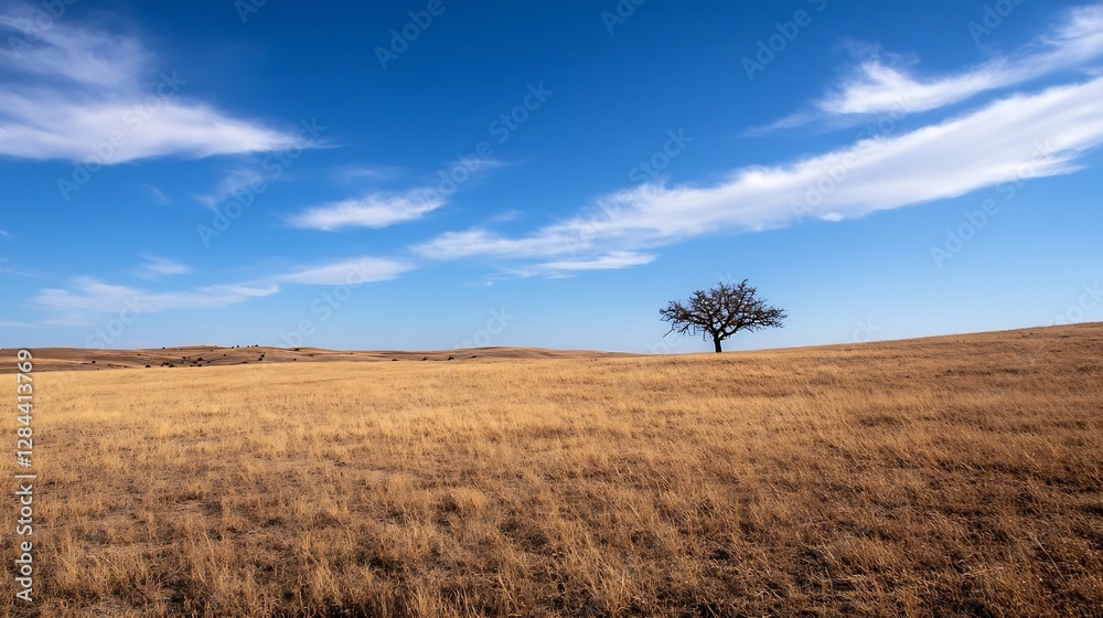 Poster lonely tree standing in a vast golden dry field under a clear blue sky : generative ai