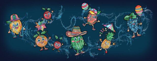 Cartoon cute fruits in water, banner, poster cherry, lemon, banana, pineapple, grapes