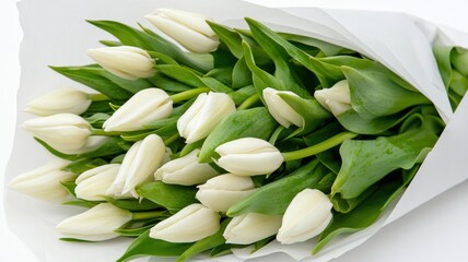 Beautiful white tulips arranged in a fresh bouquet, perfect for gifting on special occasions