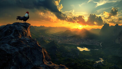 Obraz premium A graceful rooster standing tall on the edge of a mountain, Generative AI