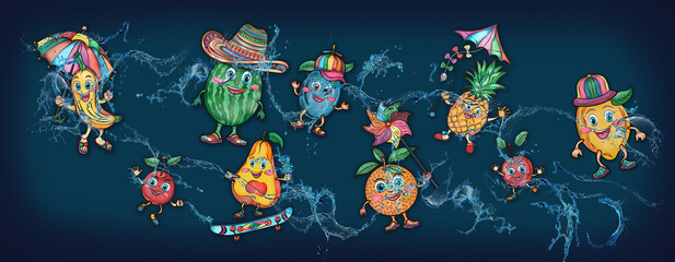 Cartoon cute fruits in water, banner, poster cherry, orange, grape, lemon, watermelon