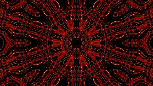 Abstract red and black fractal pattern with bright light and star-like elements, creating a fiery digital design