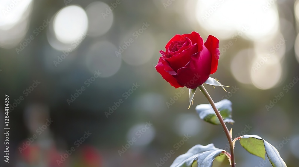 Poster Single red rose blooming beautifully in a soft blurred background creating a romantic and elegant atmosphere : Generative AI