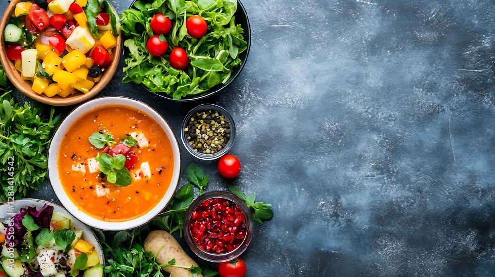 Aufkleber fresh healthy salads and soup arranged with vibrant vegetables and herbs for nutritious eating : gen