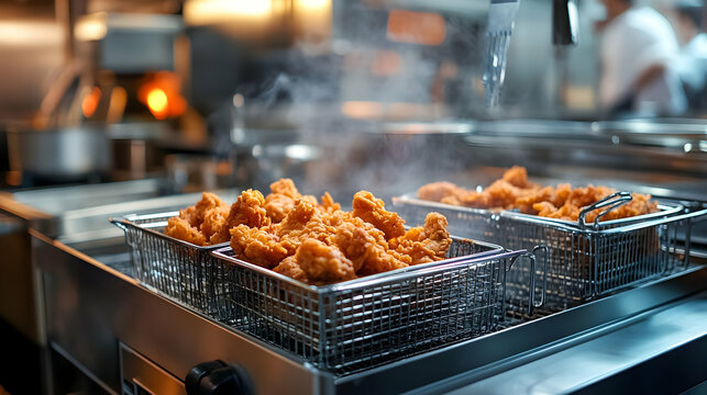 Deep frying crispy chicken in a commercial kitchen setting - Powered by Adobe