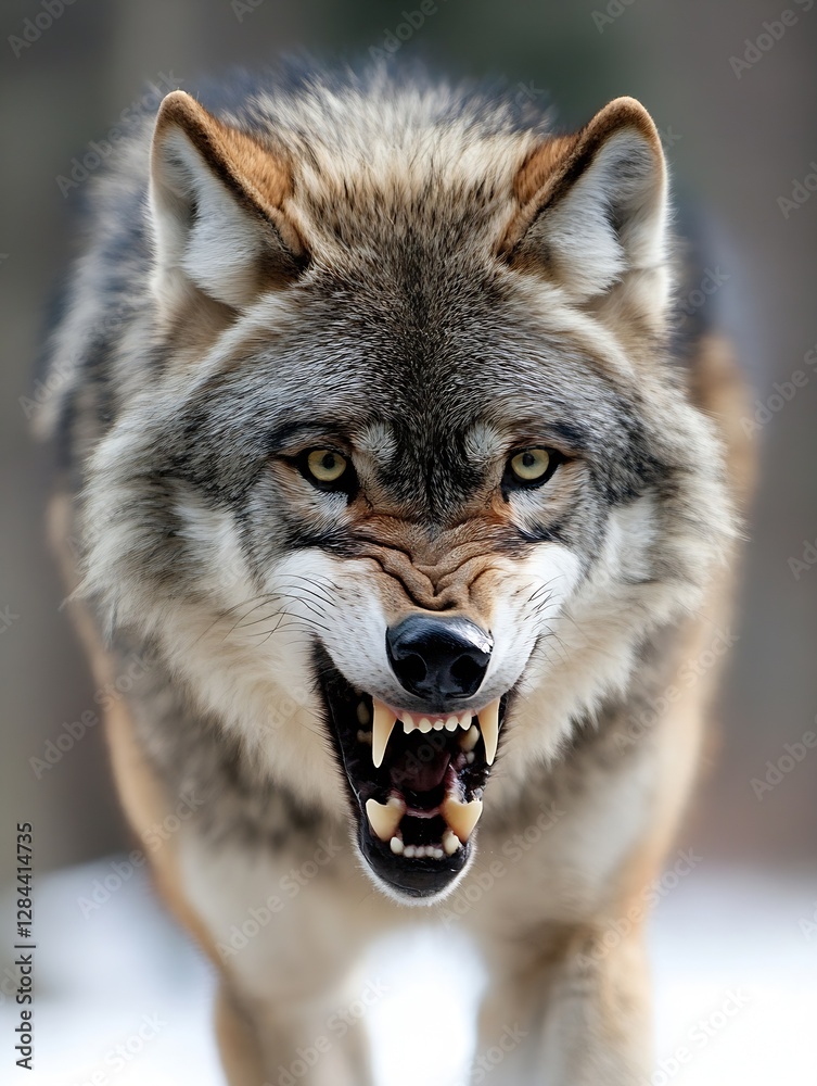 Poster Close up of a fierce wolf displaying its teeth on a snowy background : Generative AI