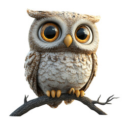 A Curious 3D Cartoon Owl Perched on a Tree Branch Isolated on Transparent Background