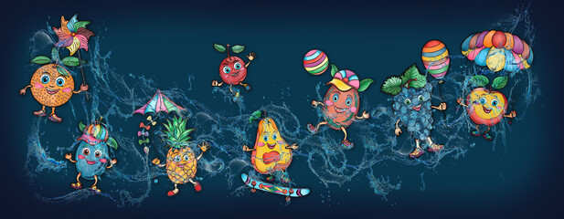 Cartoon cute fruits in water, banner, poster grapes, apple, banana, cherry