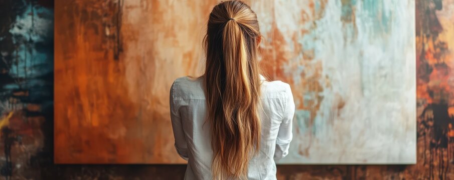 Caucasian female admiring abstract painting in art gallery