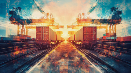 Obraz premium Global business of Container Cargo freight train for Business logistics concept, Air cargo trucking, Rail transportation and maritime shipping, Online goods orders worldwide. Container truck in ship