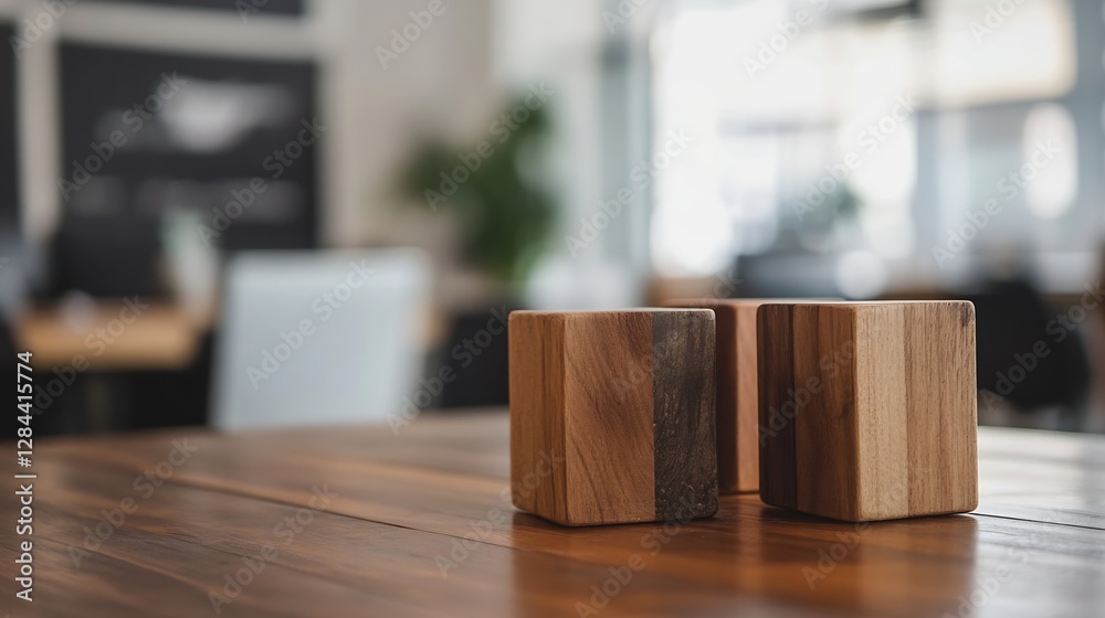 Poster Two beautifully crafted wooden blocks on a rustic table in a modern workspace setting : Generative AI