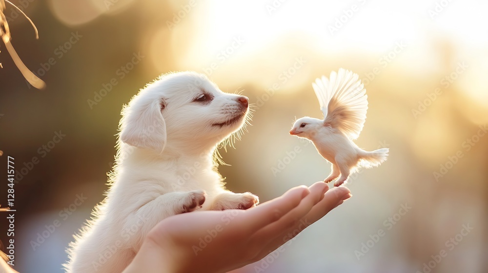 Poster Adorable Puppy and Bird Interaction in a Warm Outdoor Setting Captured in Soft Focus : Generative AI