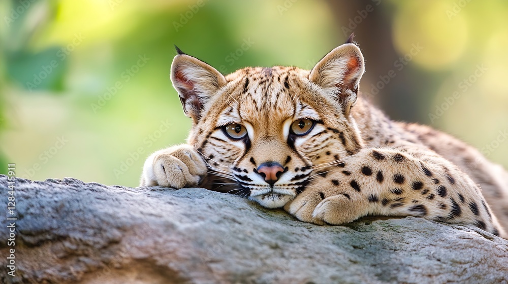 Poster closeup view of a majestic lynx resting with striking fur and captivating eyes in natural surroundin