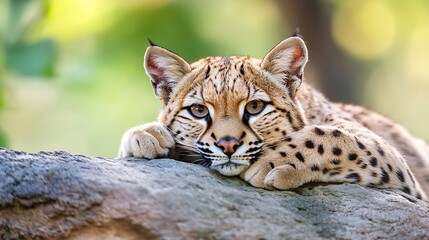 Fototapeta premium Closeup view of a majestic lynx resting with striking fur and captivating eyes in natural surroundings : Generative AI