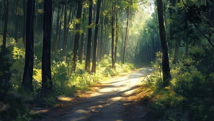 Fototapeta premium Sunlit Forest Path: A Serene Digital Painting