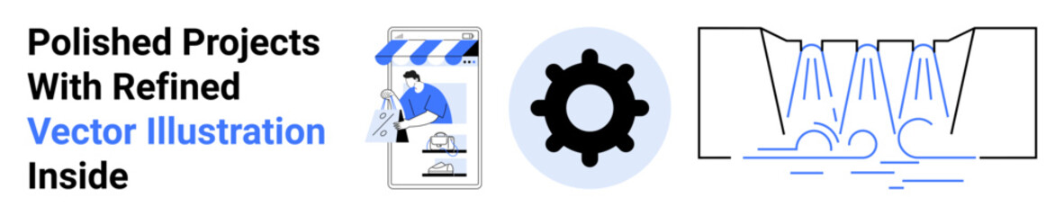 Designer sketching storefront, gear symbolizing strategy, water representing smooth workflow. Ideal for innovation, planning, design, engineering, collaboration, productivity flat landing page