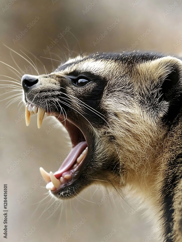 Poster Close up portrait of a fierce badger showing sharp teeth with a serious expression in nature : Generative AI