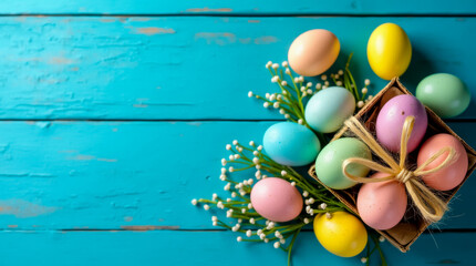 Obraz premium A basket of Easter eggs is on a blue background