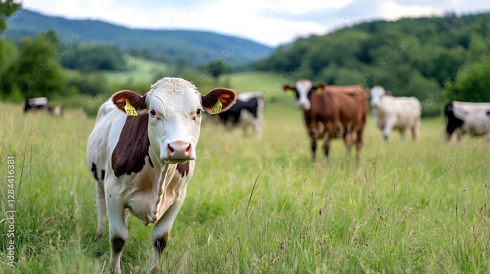 Poster curious brown and white cow standing in green pasture looking towards the camera with mountains : ge