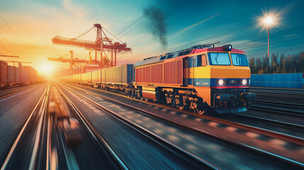 Fototapeta premium Global business of Container Cargo freight train for Business logistics concept, Air cargo trucking, Rail transportation and maritime shipping, Online goods orders worldwide. Container truck in ship
